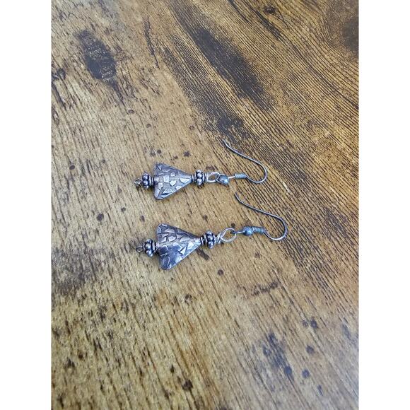 Vintage 1990s French Hook Earrings Silver Tone Triangle Tree Dangle Pendants - Picture 2 of 3